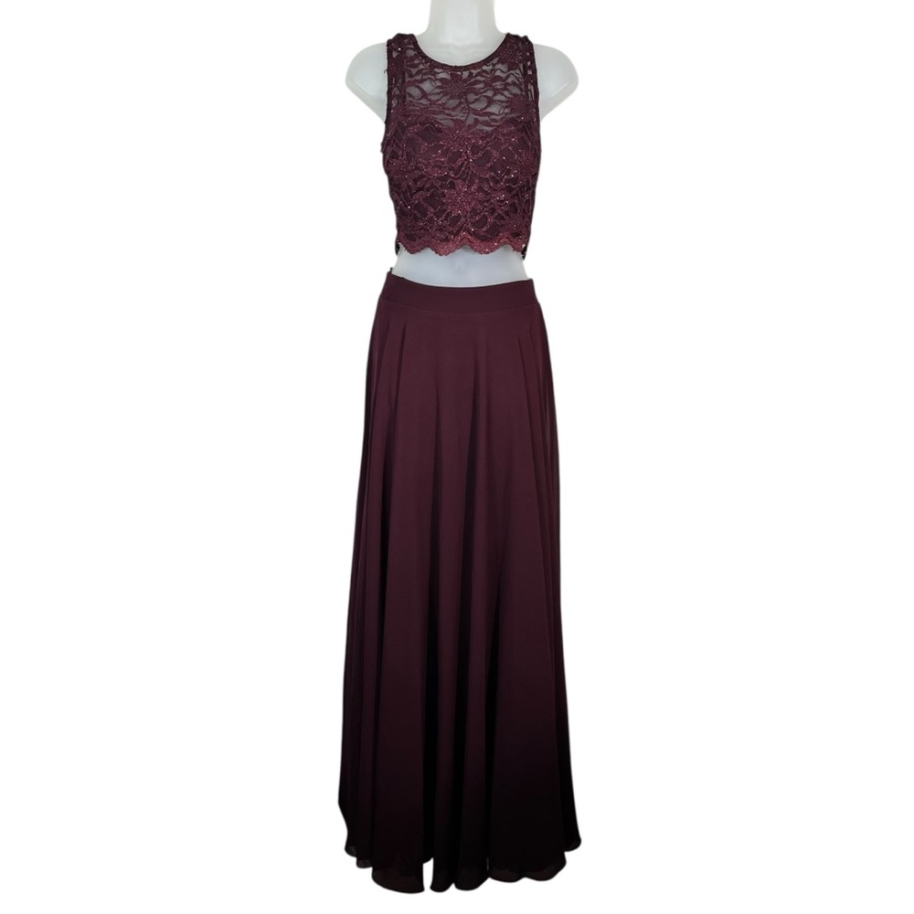 City Triangles Maroon Red Metallic Lace Two Piece Formal Dress Prom Homecoming